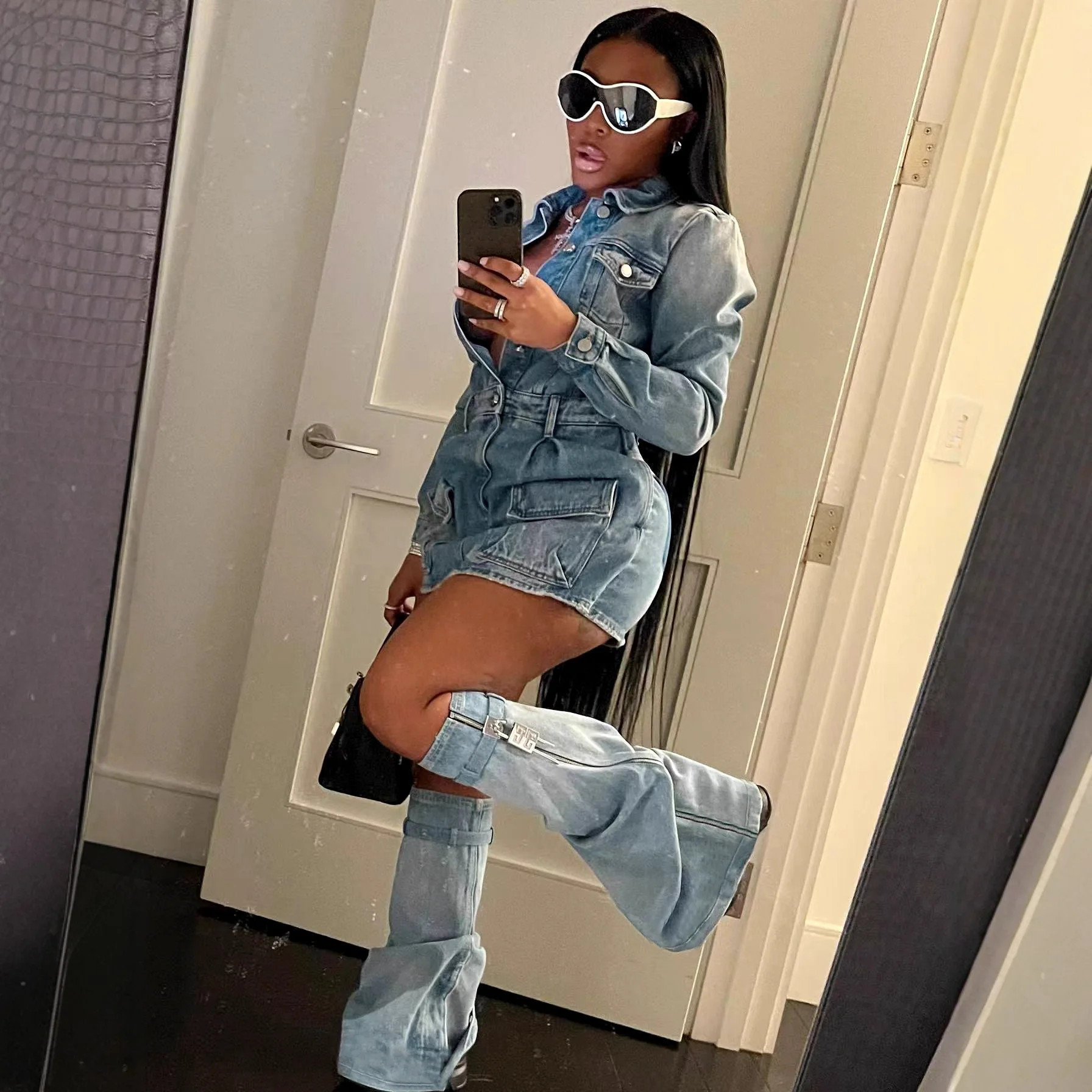 

Mid Length Dress Women Denim Dresses High Waist Vestidos Streetwear Full Sleeve Elegant Splice Y2k Work Jeans Club Summer 2025