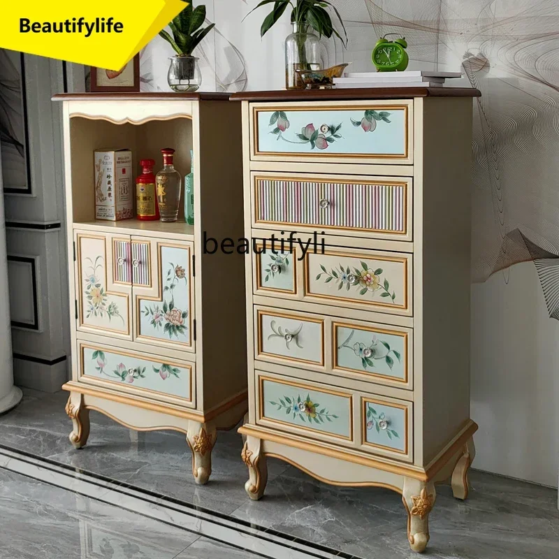 Q181 American solid wood bedroom chest cabinet Mediterranean retro painted drawer wine cabinet storage cabinet