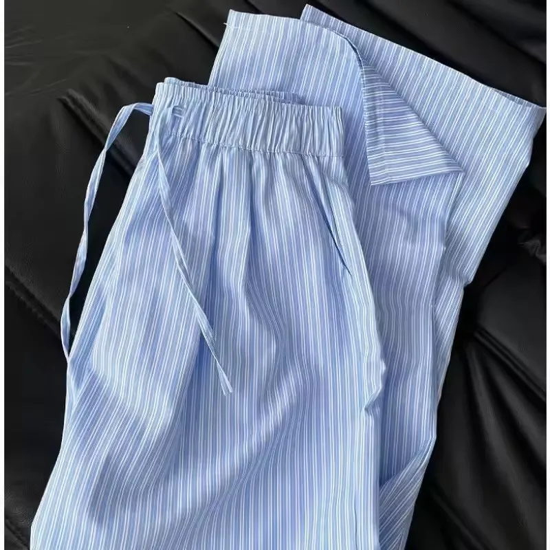 5XL Korean Striped Pockets Full Length Pants Women Spring Summer Thin High Waist Drawstring Loose Casual Straight Trousers