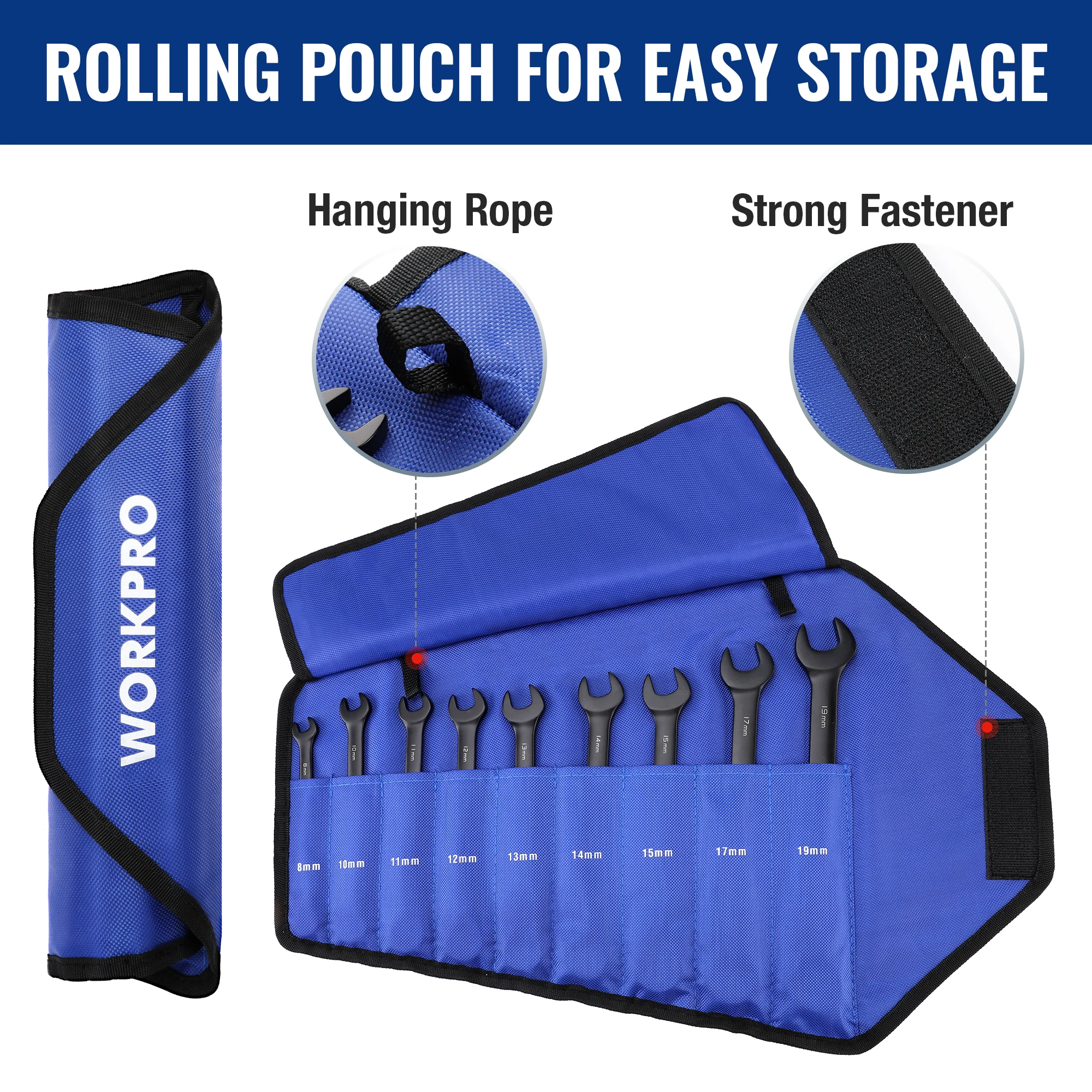 WORKPRO 9 قطعة مجموعة مفاتيح ربط مضادة للانزلاق متري/البحر 8-19 مللي متر 72-الأسنان Cr-V مجموعة مفاتيح بسقاطة سوداء مصممة
