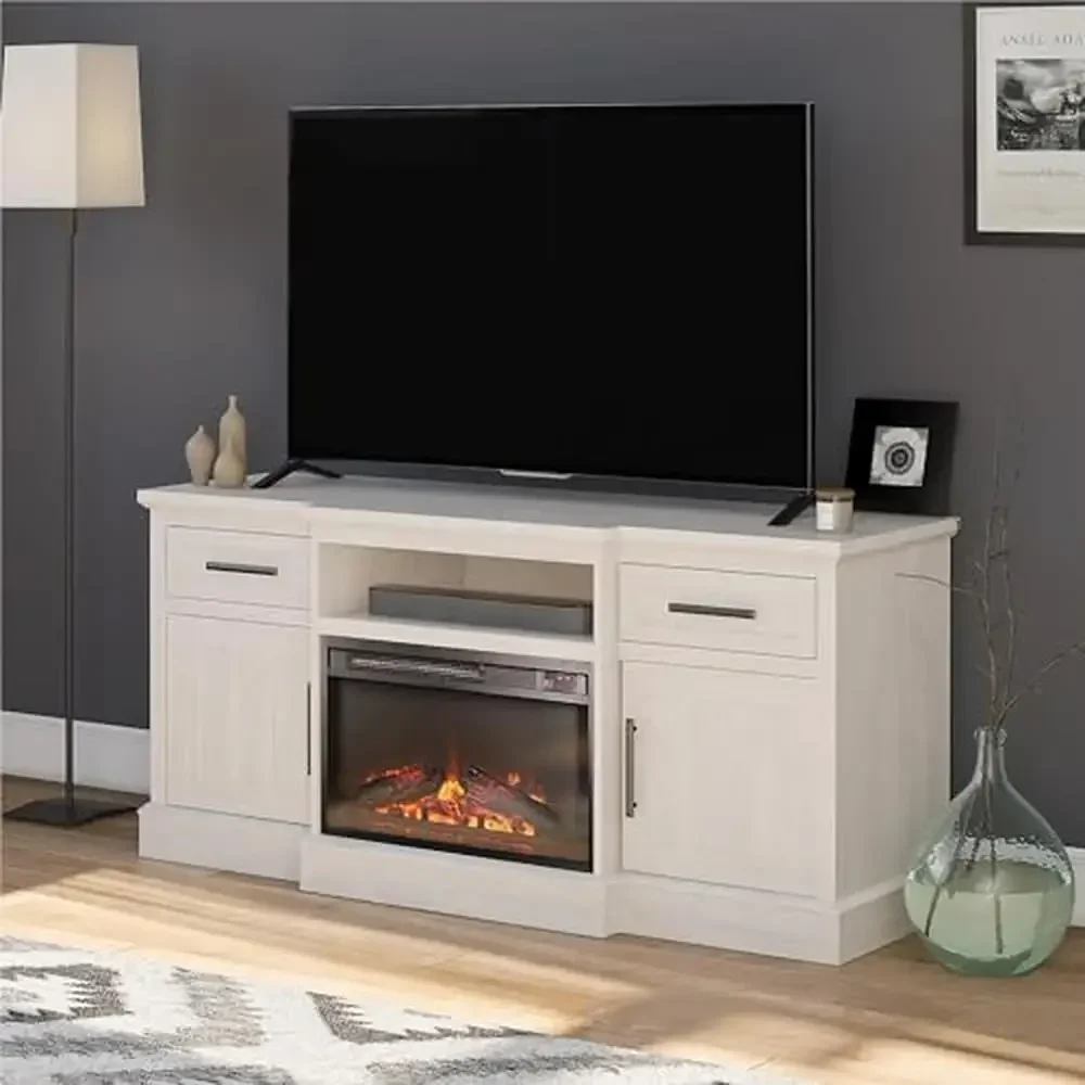

Fireplace TV Stand Electric Heater Remote Control 65 Inch Media Console Storage Drawers Cabinets Realistic Log Flames 58"W 120