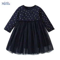 Little maven 2024 Autumn Kids Clothes Children's Clothing Cotton Baby Girls Cartoon Long Sleeves Hearts Mesh Dresses 2-7 year