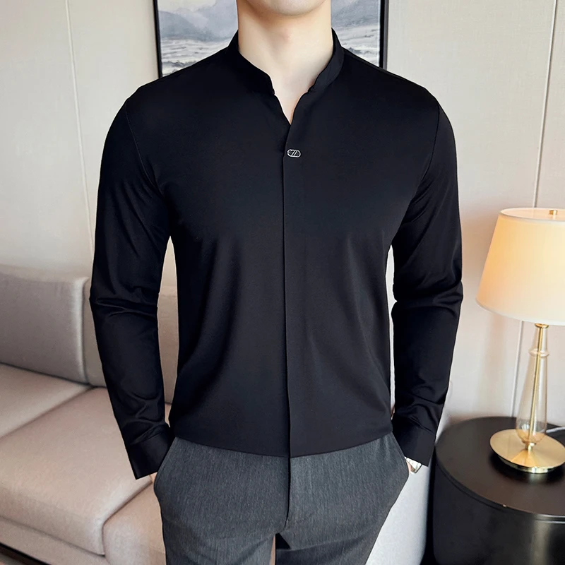 High Elasticity Men Polo Shirt 2024 Autumn Thin Stand Up Collar Solid Casual Elastic Slim Fit Long Sleeves T-shirt Men Clothing