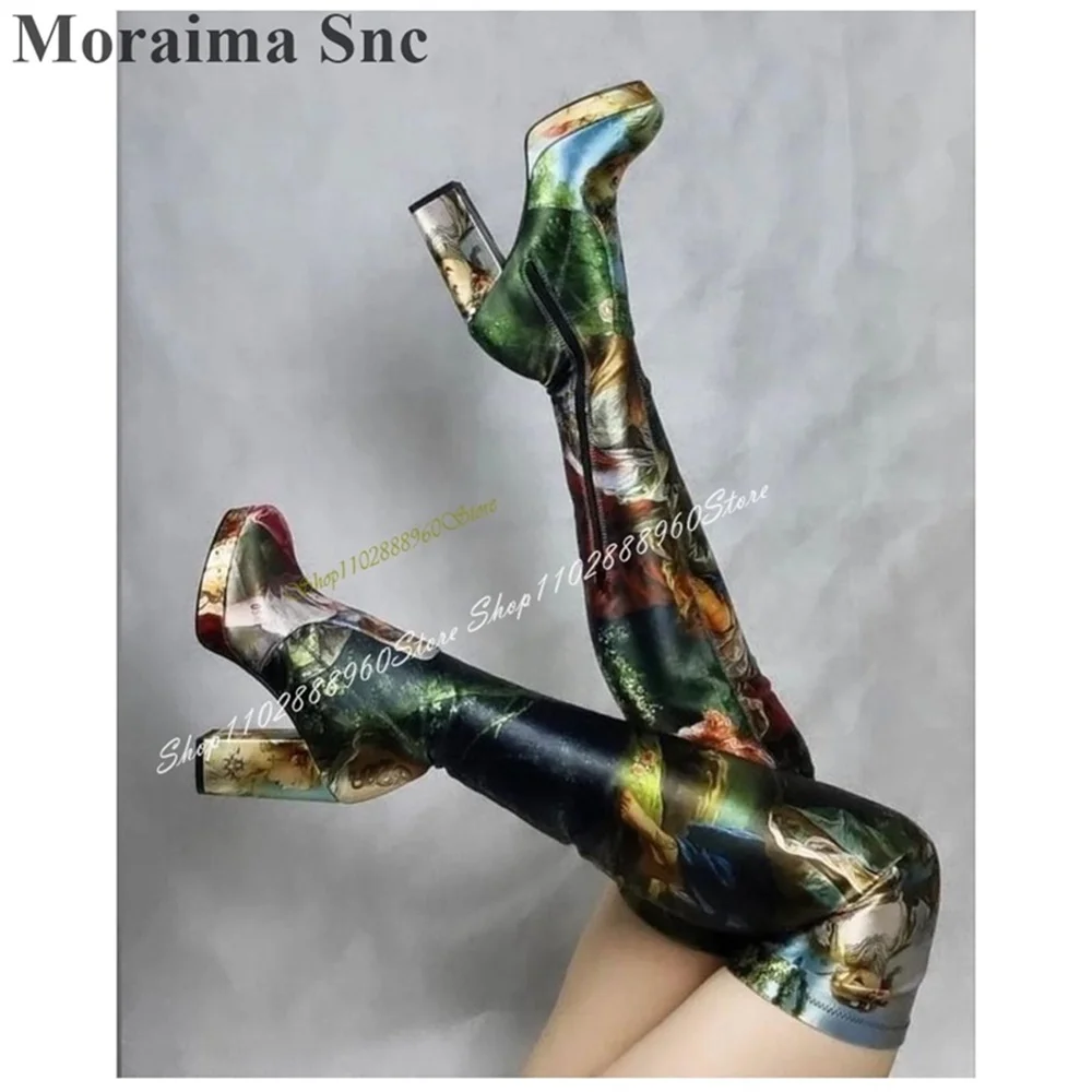 

Over The Knee Mixed Slim Luxury Boots Chunky High Heel Shoes For Women Side Zipper Round Toe 2025 Fashion Zapatos Para Mujere