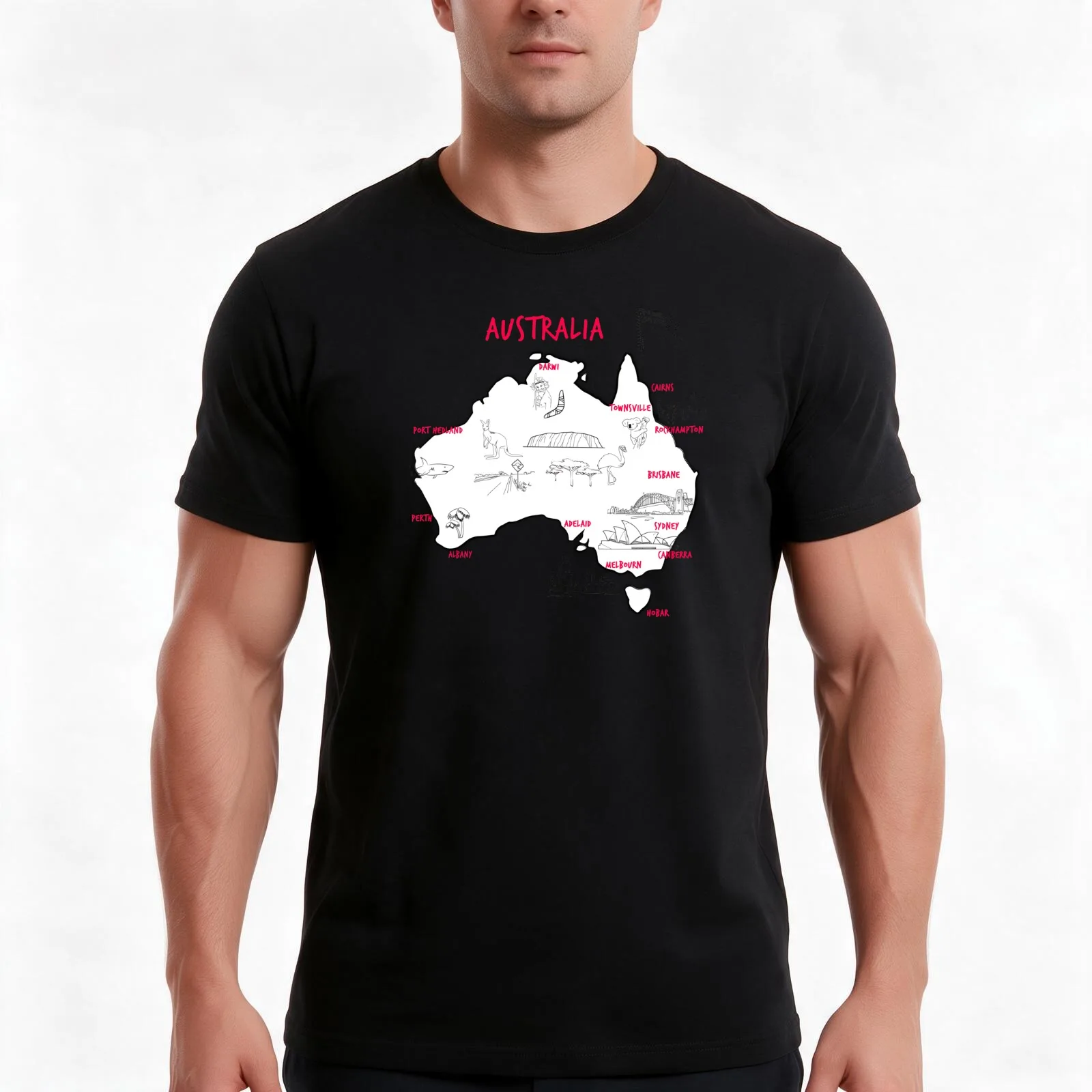 Map of Australian continent with hand drawn places, elements and cities. Australia Map T-Shirt, Summer Casual Cotton Tee