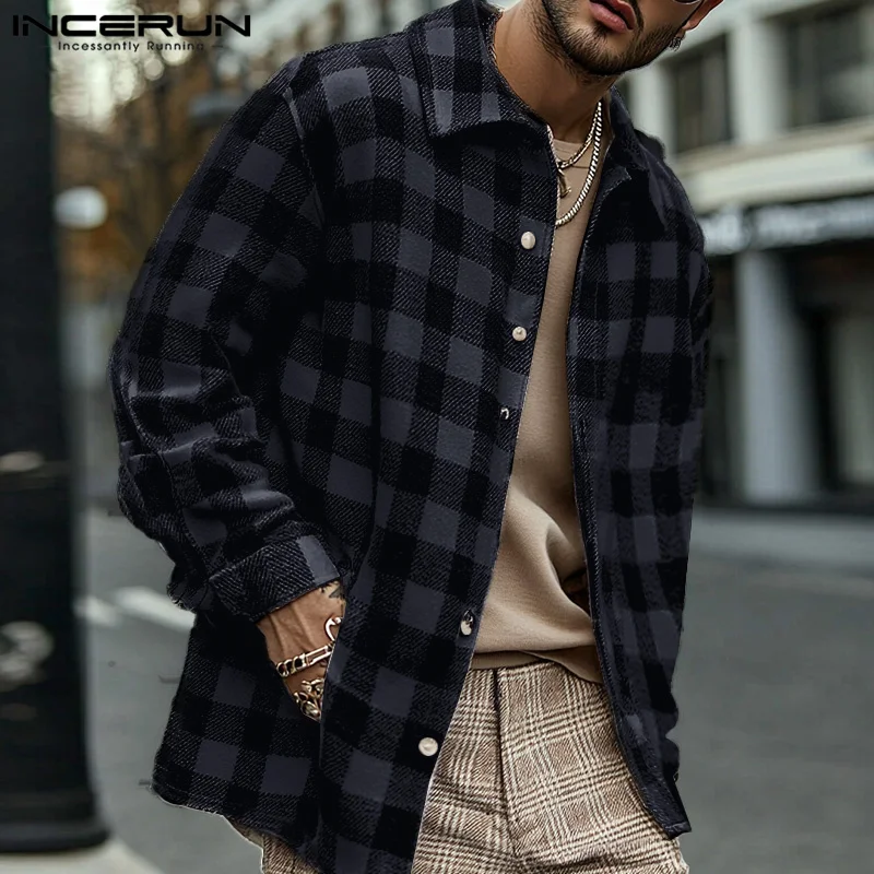 

INCERUN Tops 2024 American Style Fashion Casual Men Plaid Design Pattern Shirts Casual Streetwear Male Long Sleeved Blouse S-5XL