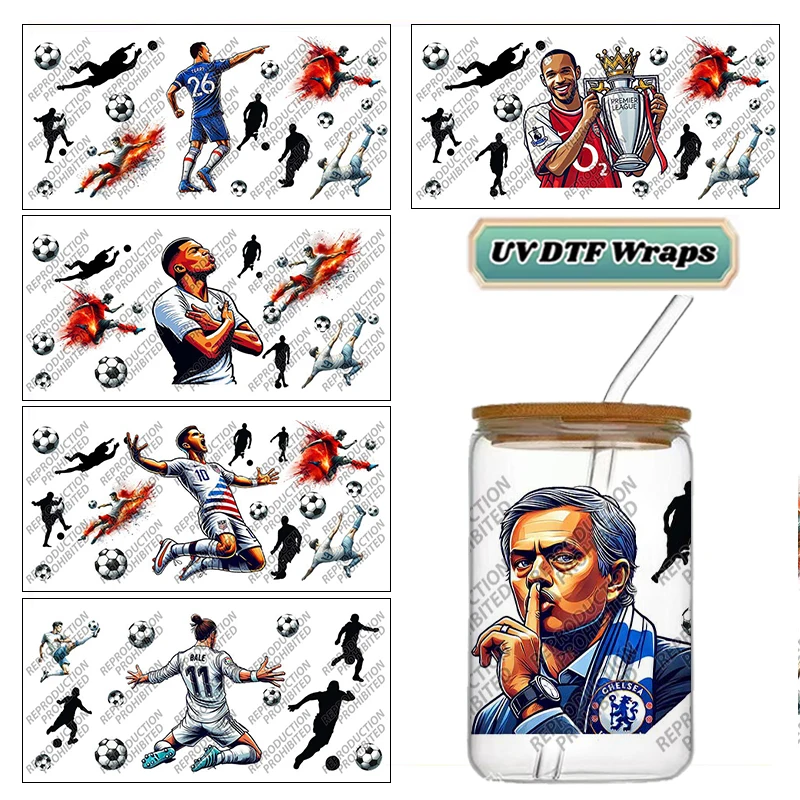 Sports Football Player Splash Effect UV DTF Wraps Soccer Silhouette Waterproof Decals for 16oz Libbey Glass Can