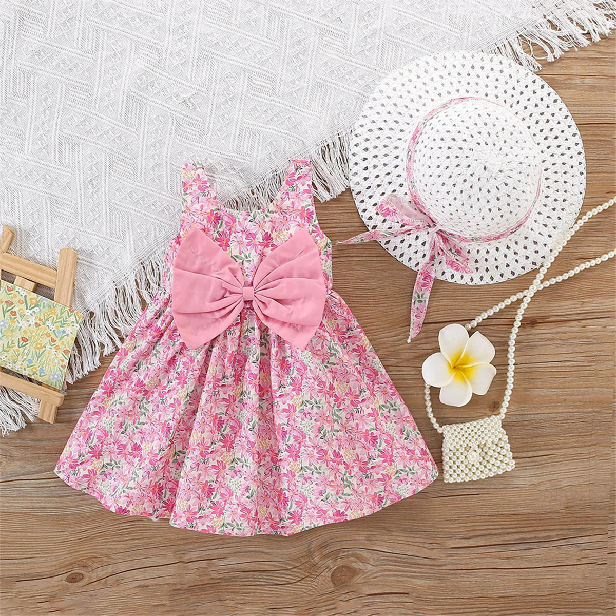 2Pcs/SetSummer baby girl bow flower cotton dress cute and sweet shoulder strap beach dress Korean version children's dress+hat