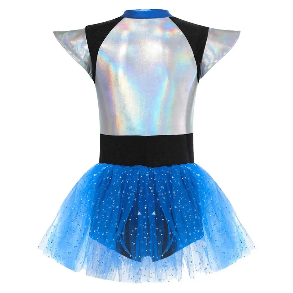 Disfraz de astronauta alienígena para niñas, falda de tutú azul brillante, traje de escenario espacial, ropa de fiesta elegante