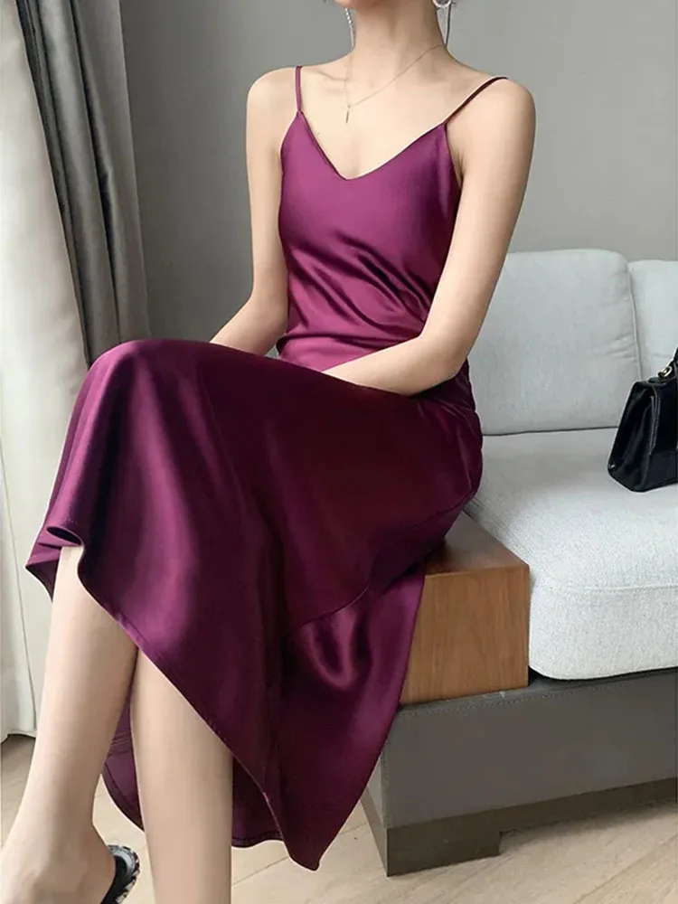 2022 Elegant Women Dress Summer Sexy V-Neck Korean Satin Party Long Spaghetti Strap Dresses Casual Sundress Vestido Mujer