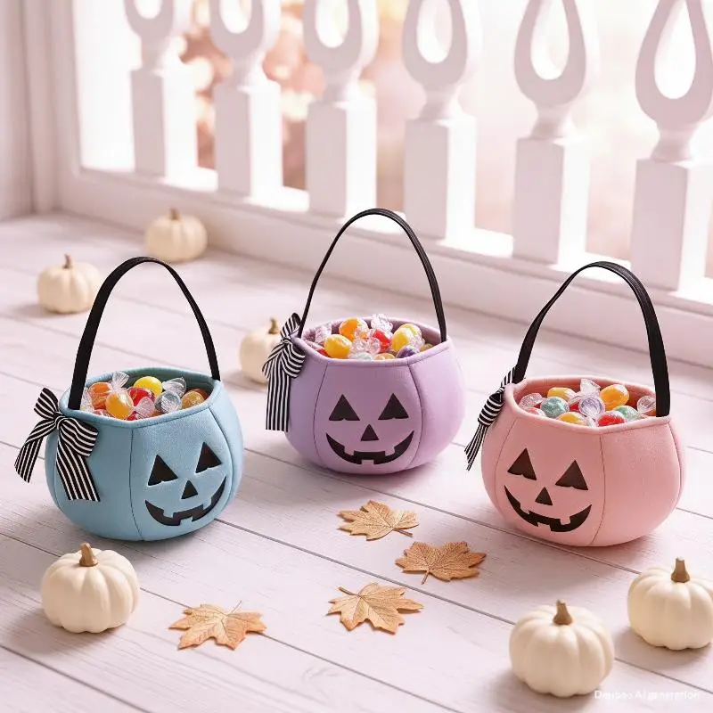 Pumpkin Shaped Halloween Candy Bucket with Soft Bowknot Foldable Reusable Trick Or Treat Tote Bag for Kids Outdoor Activities