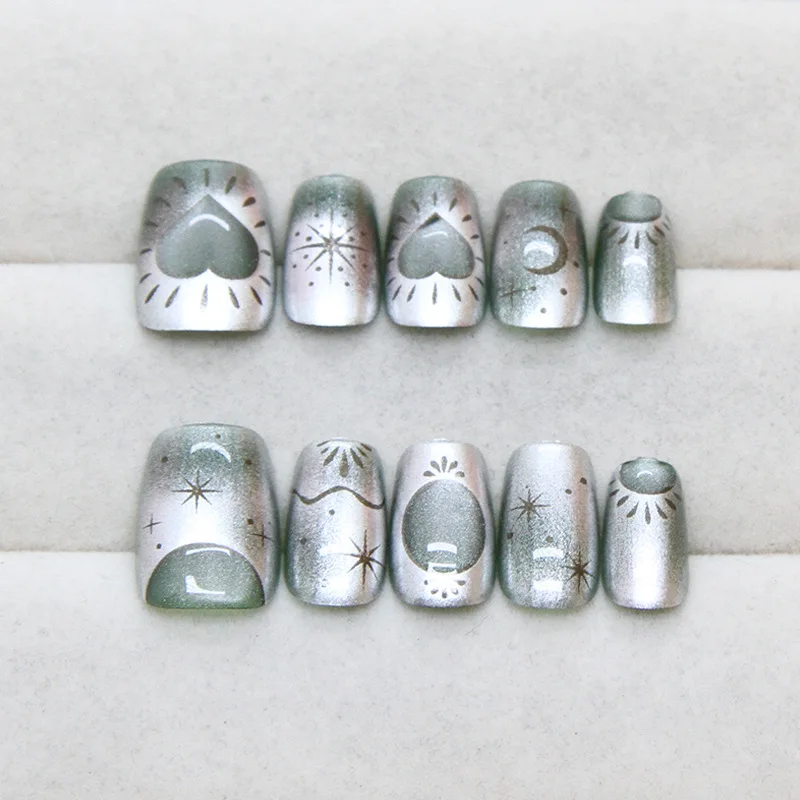 10 Stuks Ster Cat Eye Liefde Kunstnagels Art Met Jelly Lijm Ontwerp Korte Vierkante Franse Nep Nagels Herbruikbare Afgewerkt druk op Tips