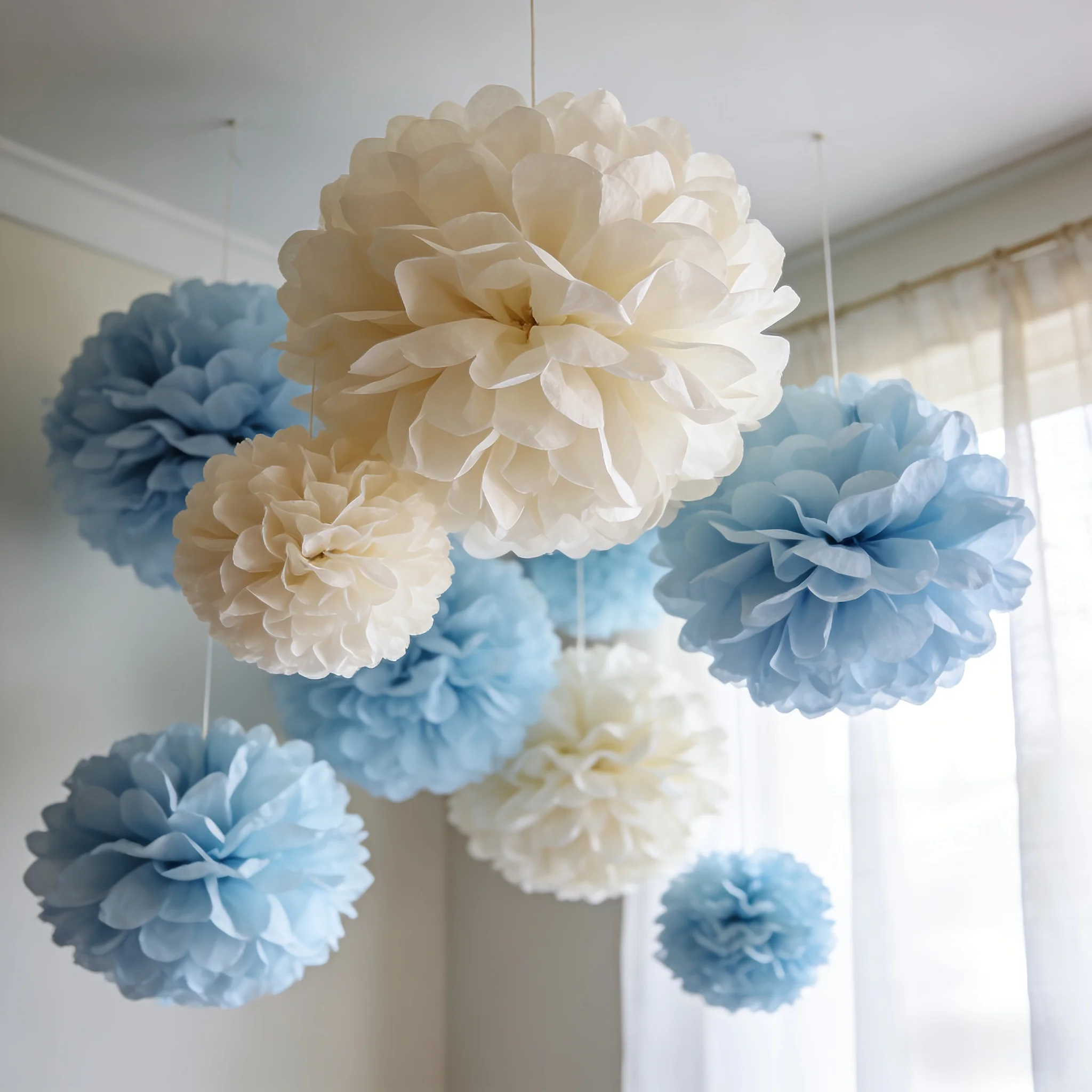22Pcs Blue Gray Paper Pom Poms Hanging Decor Wedding Birthday Party Supplies