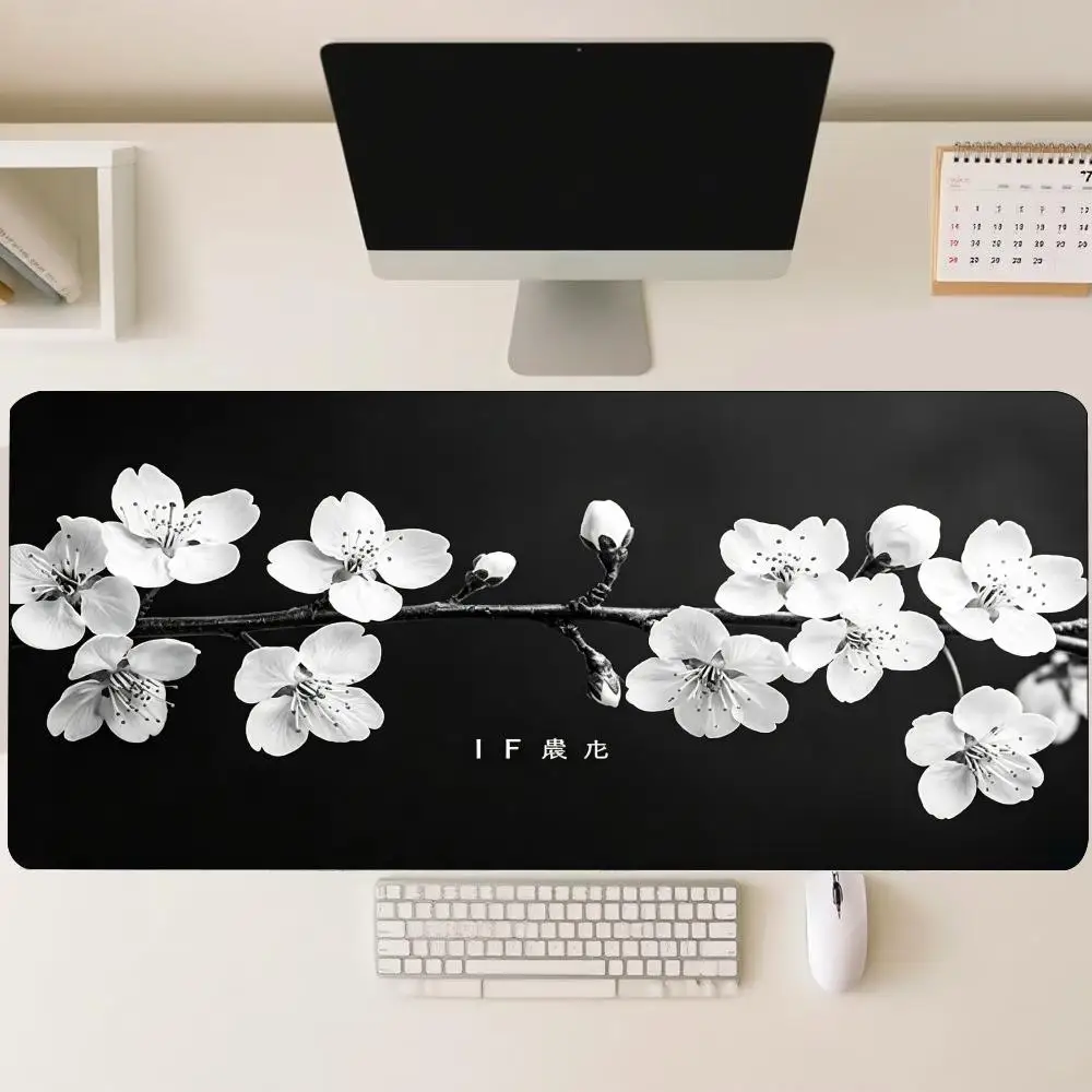 Black White Plum Blossom Branch XXL Mouse Pad Large Desk Mat Non-Slip Rubber Base HD Printing Overlock Edge For Office Corner