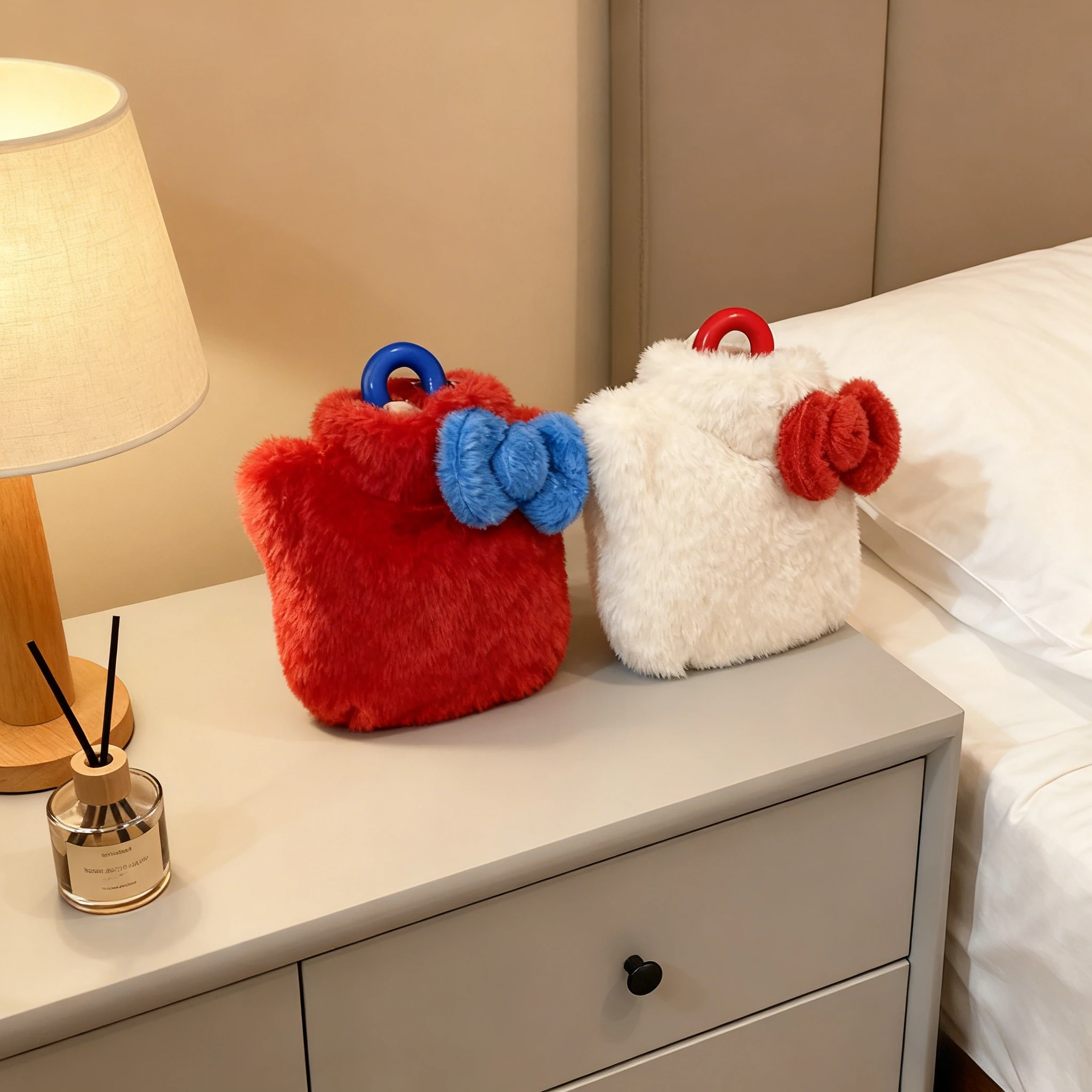 New Cute Bow Plush Hot Water Bottle - Thickened Explosion-proof Water-filled Warm Tummy Hot Compress for Girls