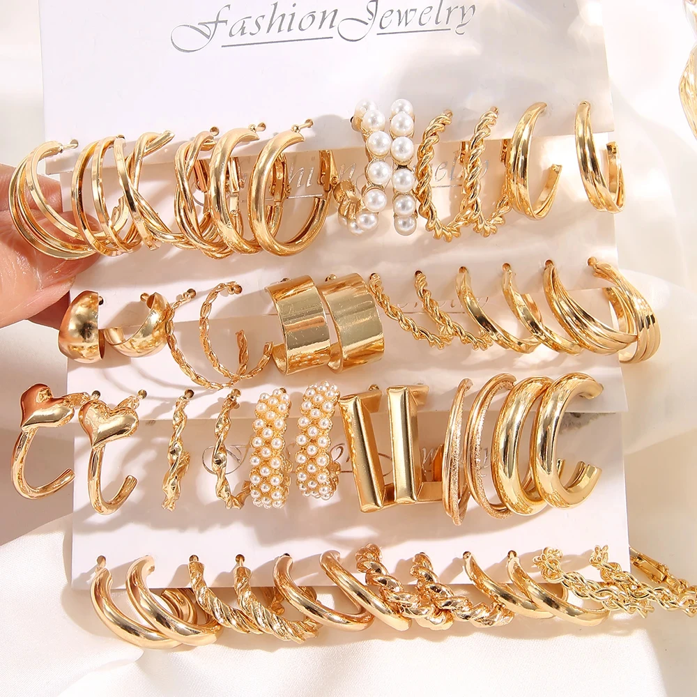 4SET/PACK Vintage Gold Color Metal Hoop Earrings for Women Girls Female Geometric Heart C shape Round Circle Earring Set Jewelry