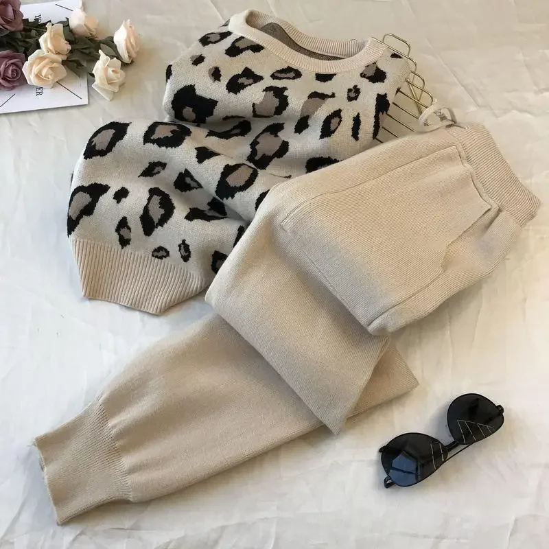 NAKKESHMEN Spring Women Knit Leopard Pullover Sweaters+Pants Sets Woman Fashion Jumpers Trousers 2 PCS Woman's Costumes Outfit