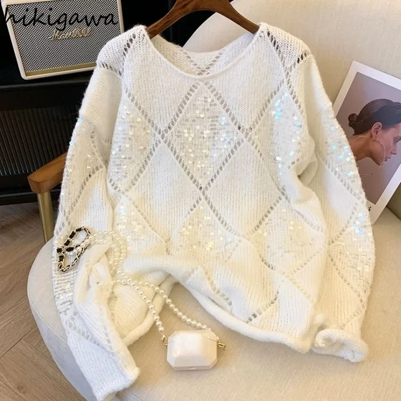 Oversized Pullovers 2024 Women Clothing Sueter Mujer Heavy Sequined Jumper Pull Femme Casual Chic Knitted Thin Sweater Tops