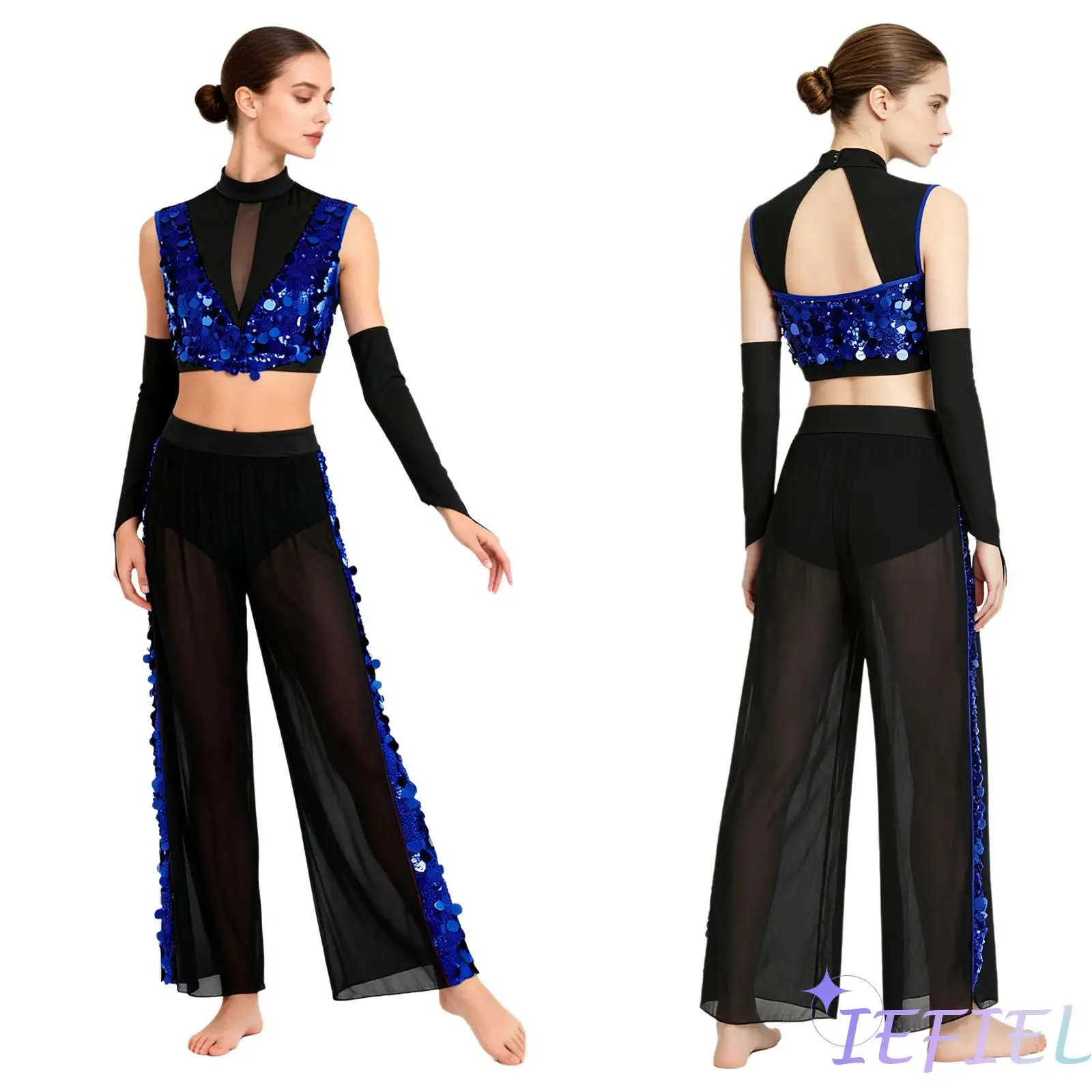 

Womens Latin Tango Salsa Dance Outfit Sleeveless Backles Glitter Sequined Crop Top with Gloves And Long Pants Lyrical Dancewear
