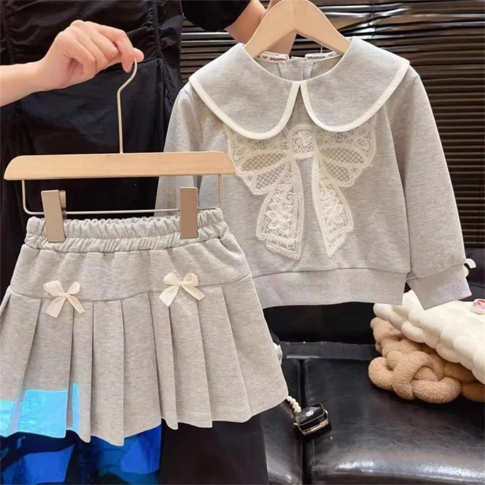 Bear Leader Spring and Autumn New Korean Girls' Grey Clothes Flip Collar Lace Bow Long Sleeve Top+Short Skirt Two Piece Set