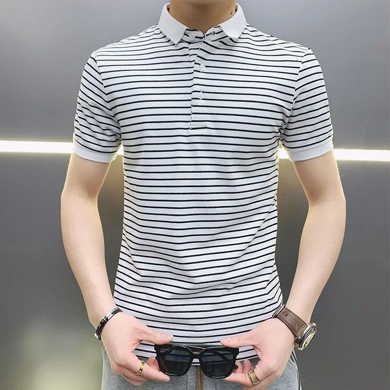 Man with collar tee shirts streetwear top striped black vintage clothing polo T shirt for men plain trashy Y2K s cotton white XL