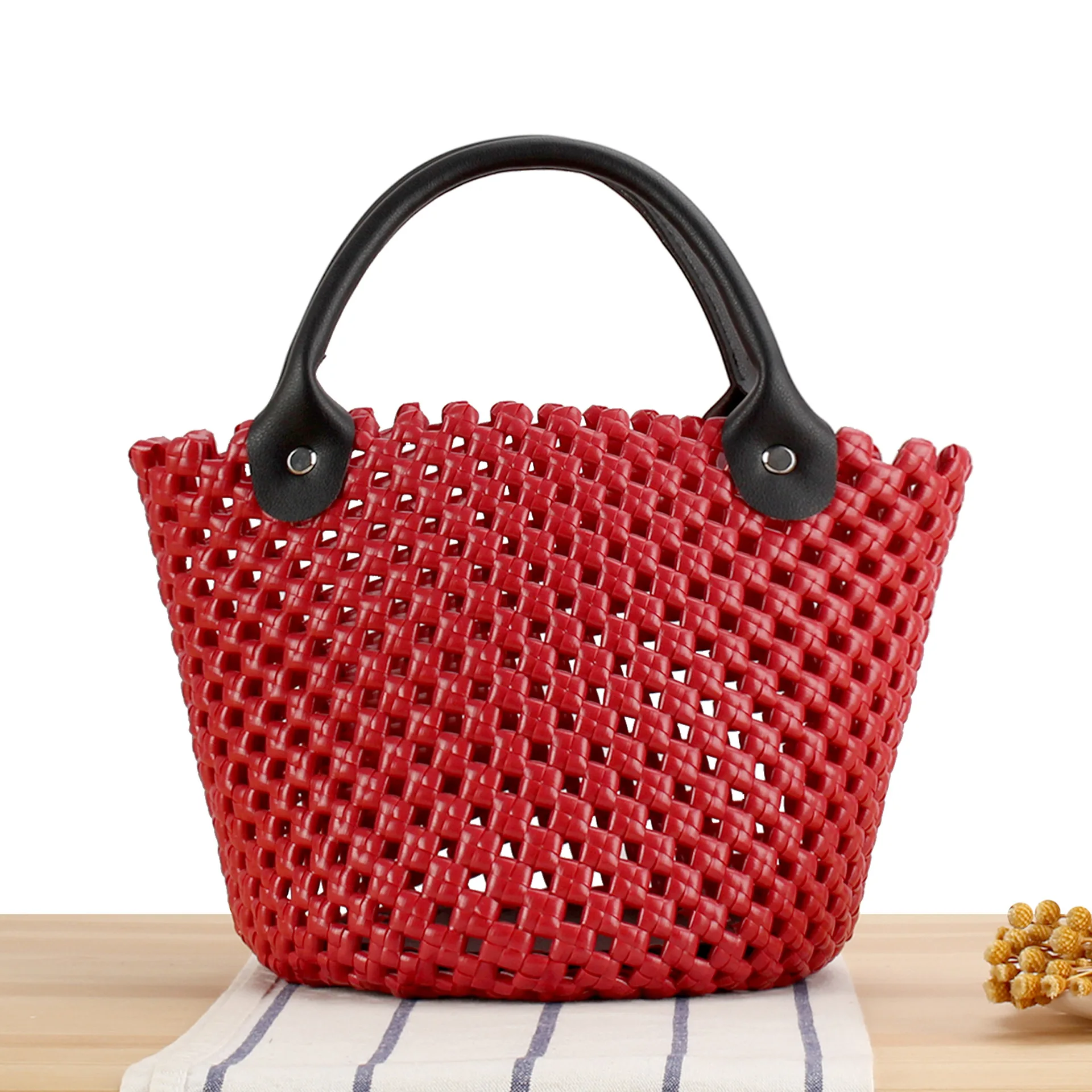 New Women Handmade Plastic Woven Tote Bag Minimalist Niche Handbag Casual Daily Commute Seaside Beach Picnic Ladies Bags