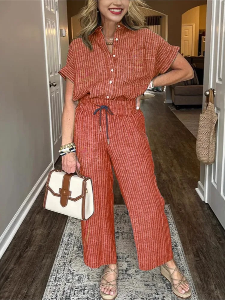 

Spring Autumn New Printed Striped Short Sleeve Shirt 2 Piece Set Retro Fashion Casual Loose Flexible Waist Trousers Women's Suit