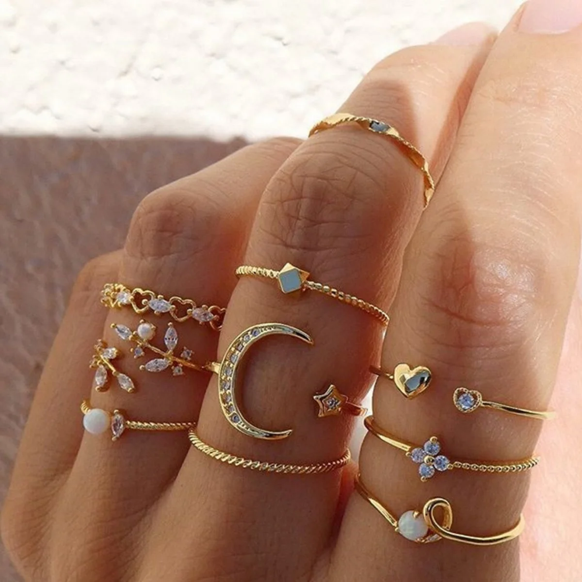 10 Teile/satz Vintage Strass Stern Mond Herz Blätter Finger Knuckle Ringe Für Frauen Männer Einfache Geometrische Ring Boho Party Schmuck