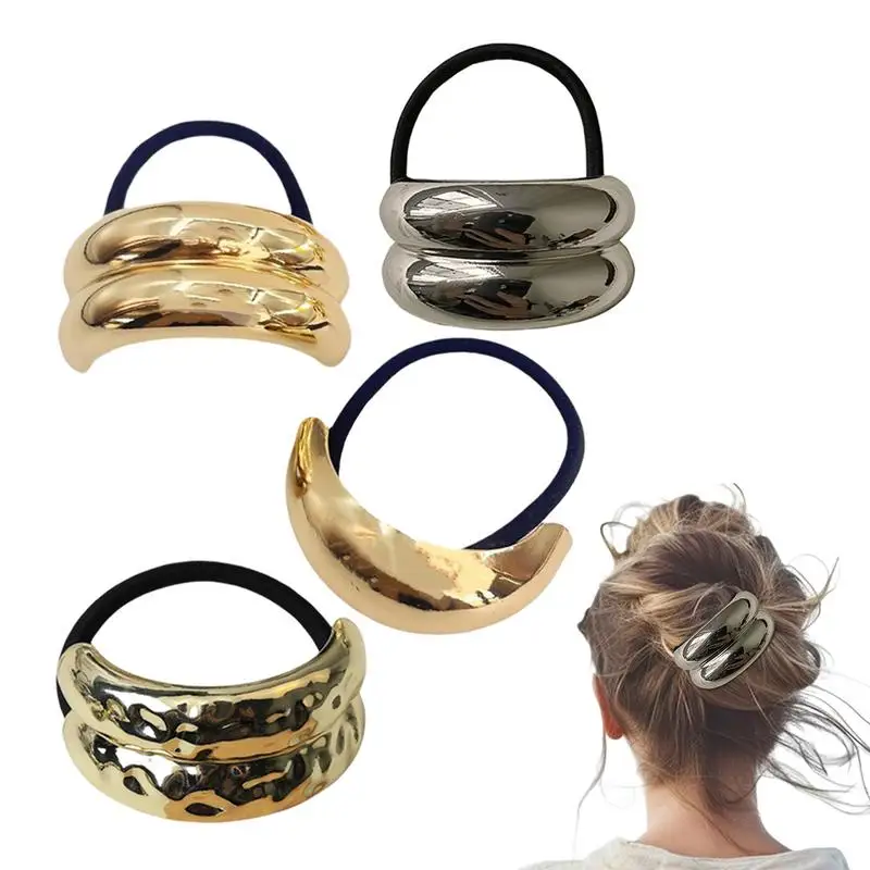 4Pcs Metal Hair Ties Geometric Elastic Hair Ropes Fashion Gold Hair Cuff Wrap Decorative Hair Bands for Women Hair Accessories