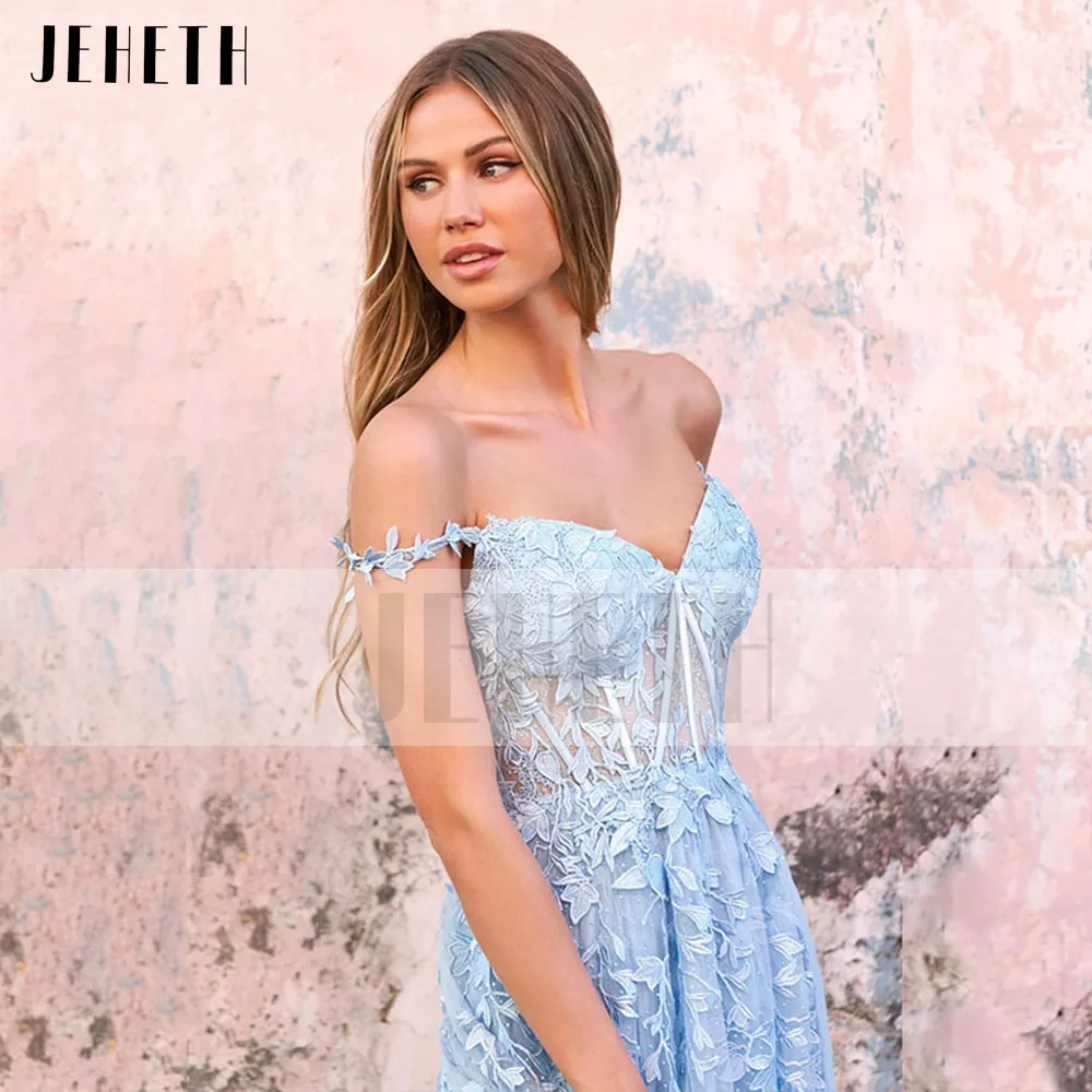 JEHETH vestido de fiesta de tul con escote en forma de corazón, traje elegante con hombros descubiertos, Apliques de encaje de hadas, línea A, largo hasta el suelo, color azul cielo