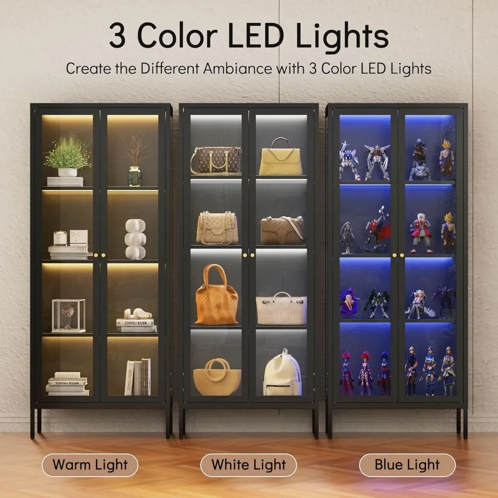 "68" Black Glass Display Cabinet - Curio Case w/ 3-Color LED Lights & Glass Doors, Tall Collectibles Showcase"​