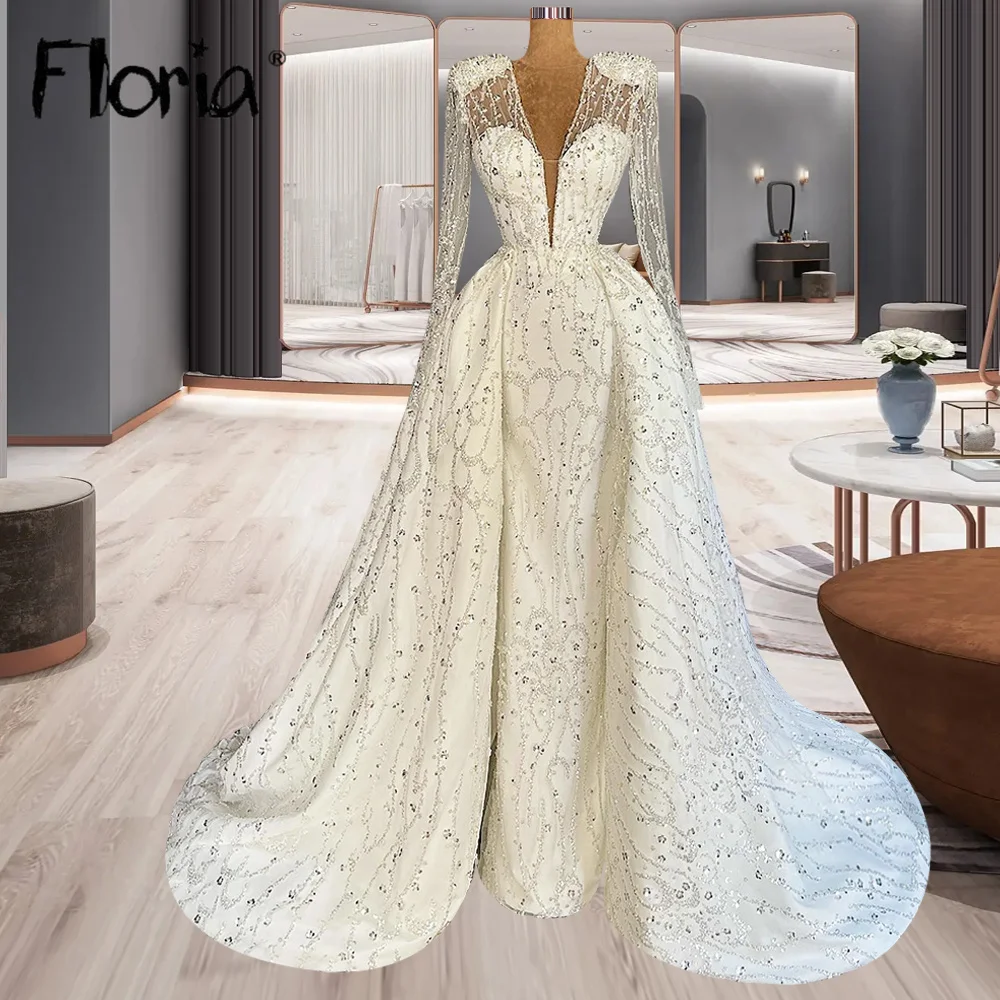 

Luxurious Detachable Train Wedding Dress Dubai Crystals Sparkly Beaded Bridal Gowns Plus Size Customized Robe de Mariée