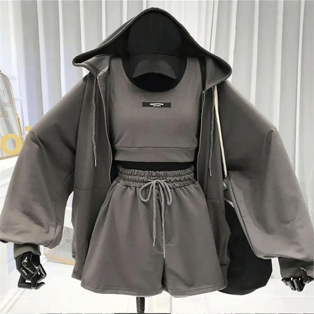 Simple Breathable Pocket Design Polyester Three Pieces Women Coat Drawstring Shorts Vest Set Women Sportswear Keep Warm