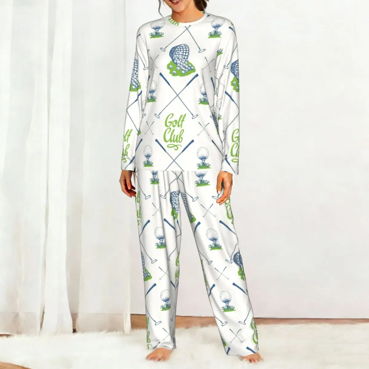 Golf Pattern With Busket And Ball Round Neck Long Sleeve Nightgowns for Sleeping Sleepshirts Women Loose Pajama Set Long Pants