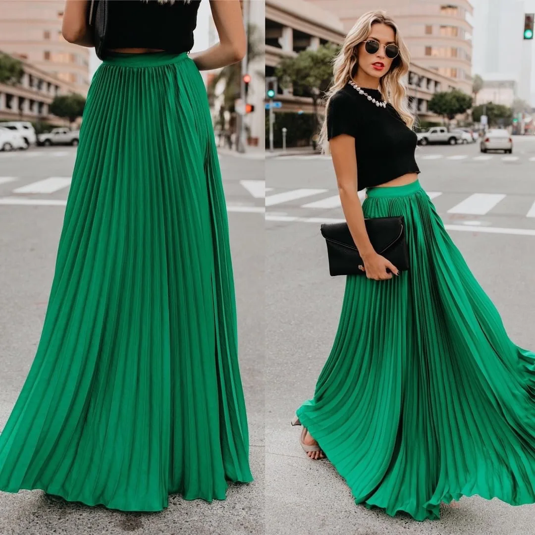 

2025 Fashion Womens A-line Pleated Red Skirts Summer Jupe Longue Elastic Vintage Elegant Chic Loose Long Skirt Dropshipping