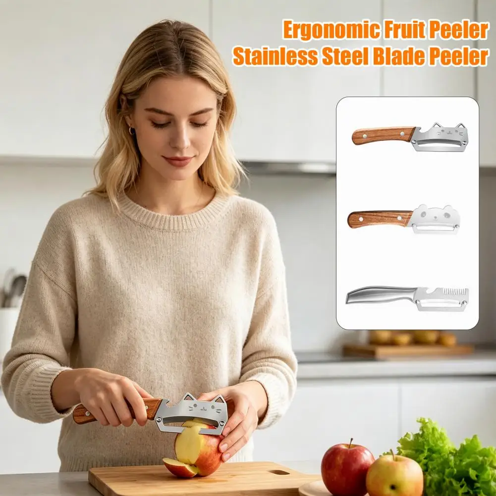 Ergonomic Fruit Peeler 3-in-1 Vegetable Peeler with Wood Handle Multifunctional Stainless Steel Shredder Ergonomic for Carrot