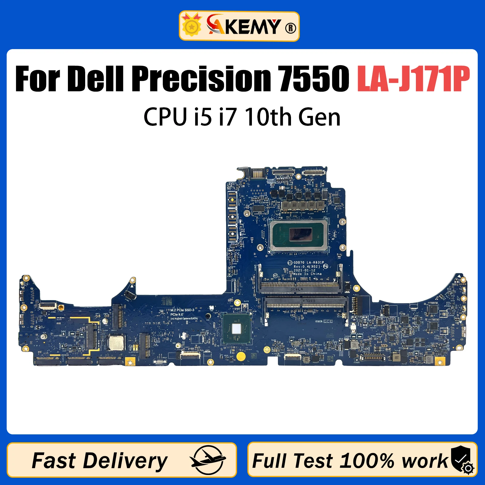 AKEMY LA-J171P For Dell Precision 7550 Notebook Mainboard 01CFGW 04JGVR Laptop Motherboard W-10885M