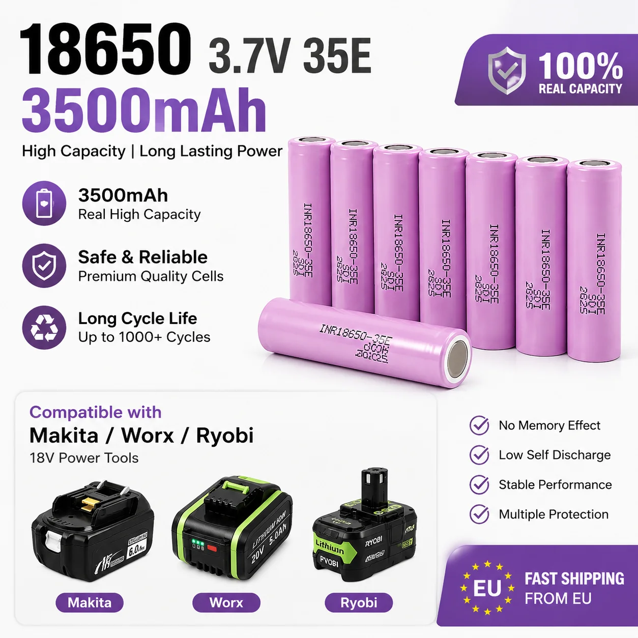 Batería Recargable de Iones de Litio Samsung 35E INR18650 3.7V 3500mAh 20A, Stock en la UE