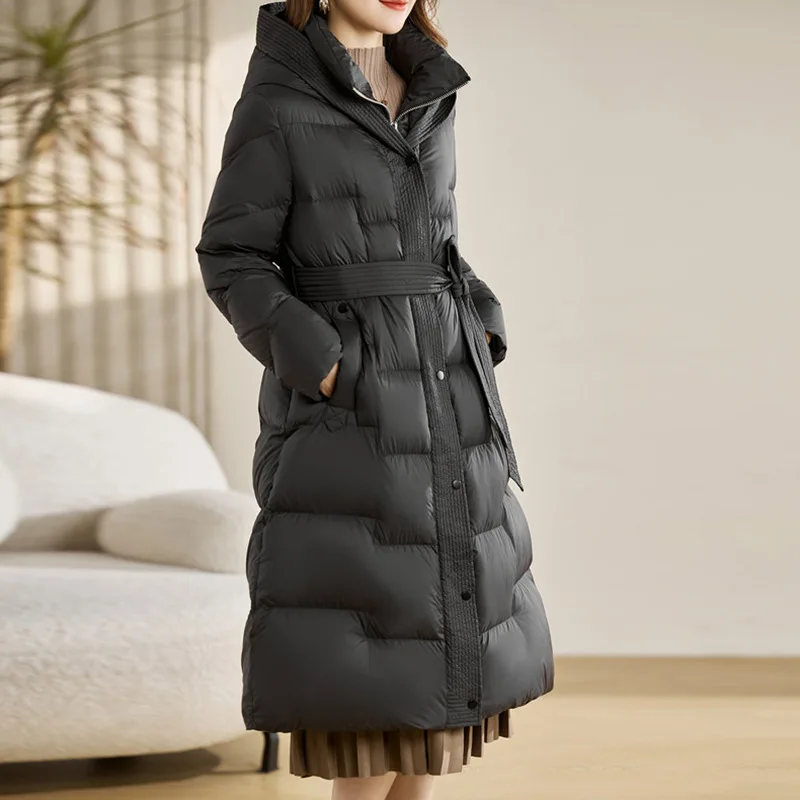 2026 European Winter New Women's Down Jacket Slim Fit Commuter Hoodie Windproof Belt Down Jacket