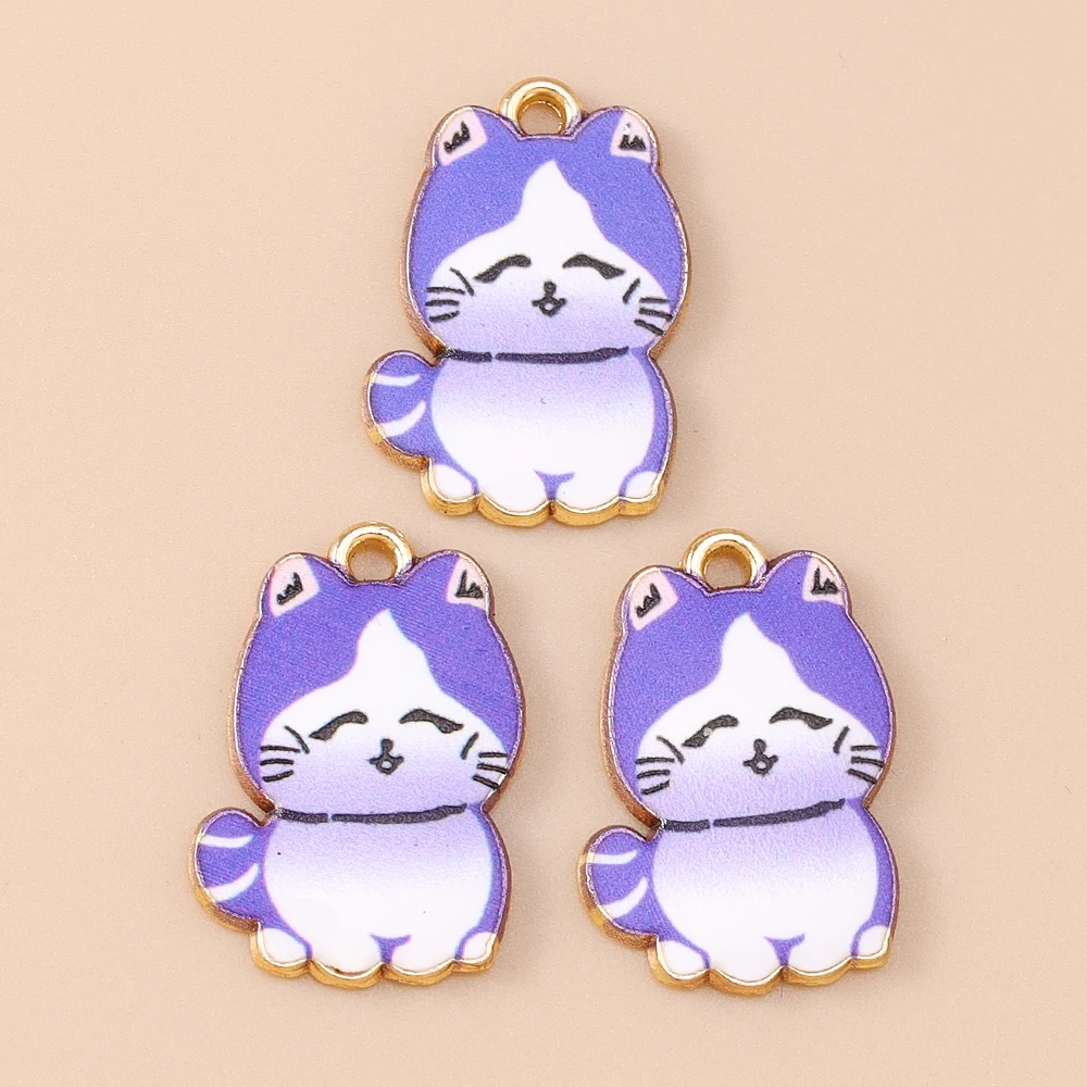 Leslie 10 Stück Cartoon-Emaille-Katzen-Charms, niedliche goldfarbene Metall-Tierkatzen-Anhänger für DIY-Halsketten, Armbänder, Schmuckherstellung – Detail 8