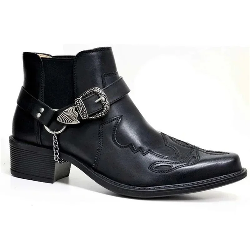 

Fashion 2025 Men's Vintage Cowboy Boots Leather High Top Chain Buckle Strap Punk Shoes Pointed Toe Biker Ankle Boots for Men