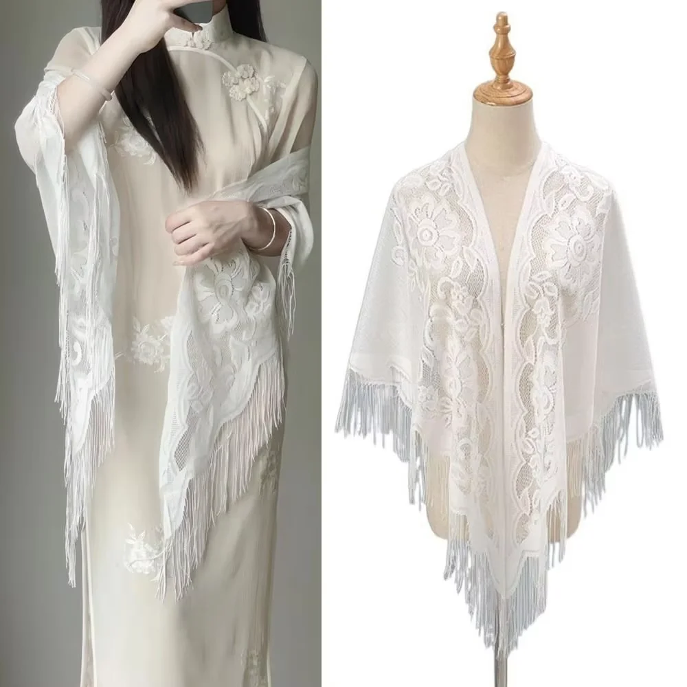 Chal Triangular con Borlas, Chal de Retazos con Cuello en V, Cárdigan para Mujer, Estilo Vintage, para Fiesta, Cena, Chal de Malla, Capa Calada