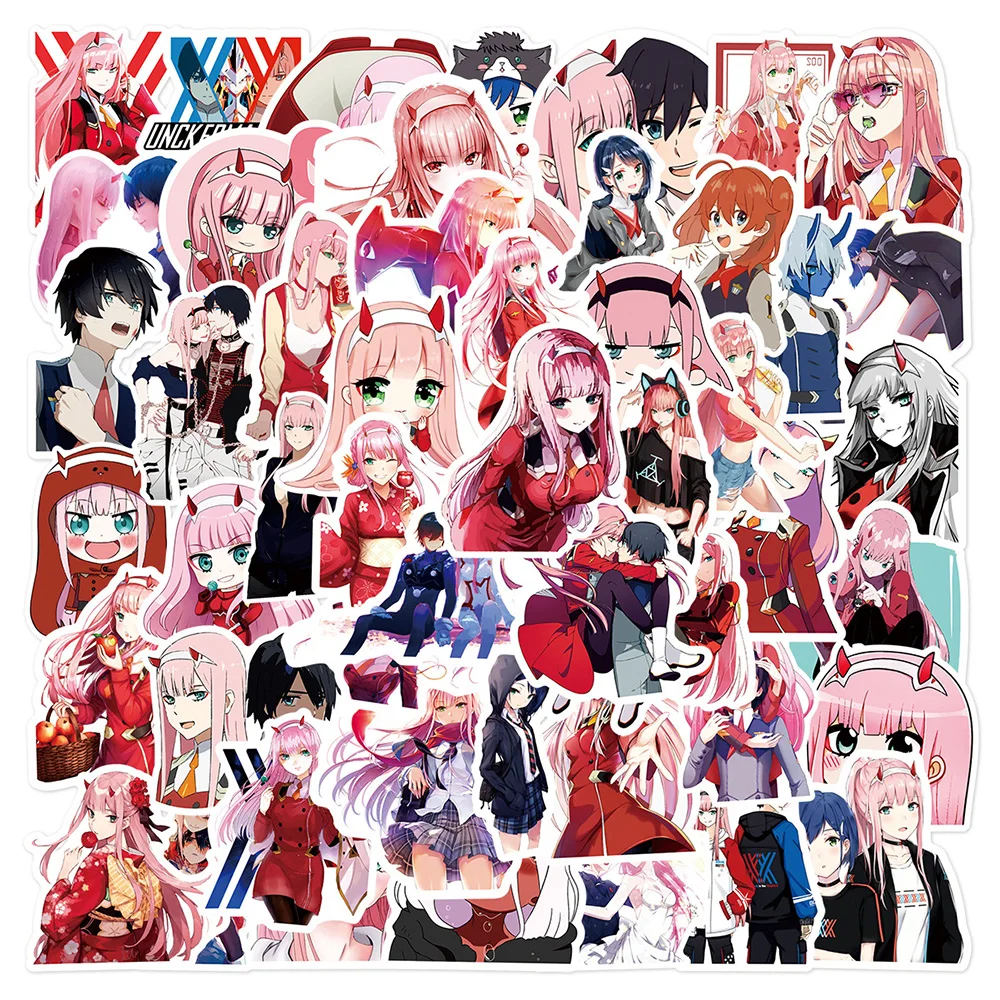 50 Stück DARLING In The FRANXX Anime-Aufkleber, niedliche Zero Two Cartoon-Mädchen-Sticker, geeignet für Koffer, Wasserflaschen, Handys, Graffiti-Aufkleber