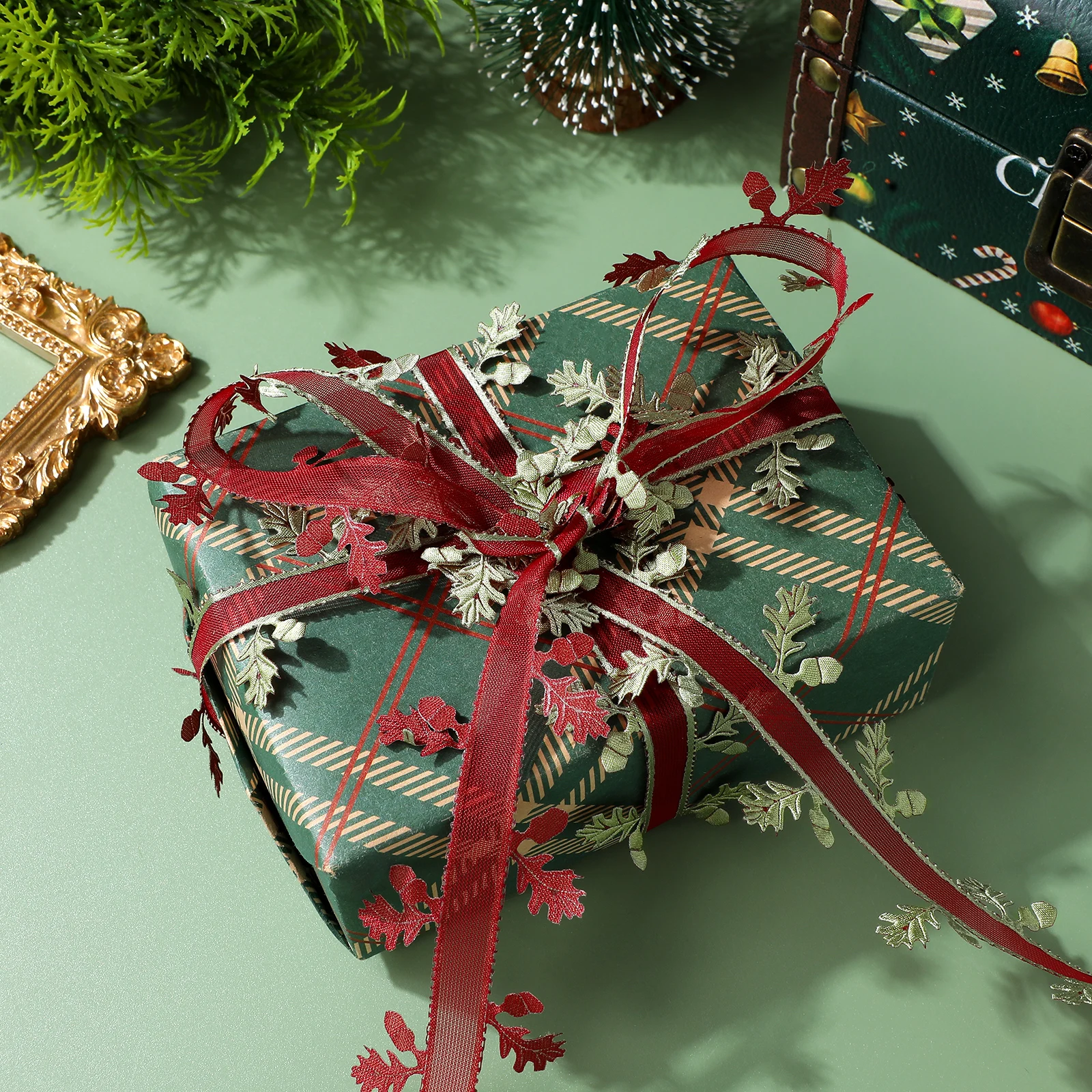 

Christmas Ribbon Polyester Side Leaf Pattern Middle Mesh Wrapping Packaging Reusable DIY Craft Side Leaf Parttern Ribbons