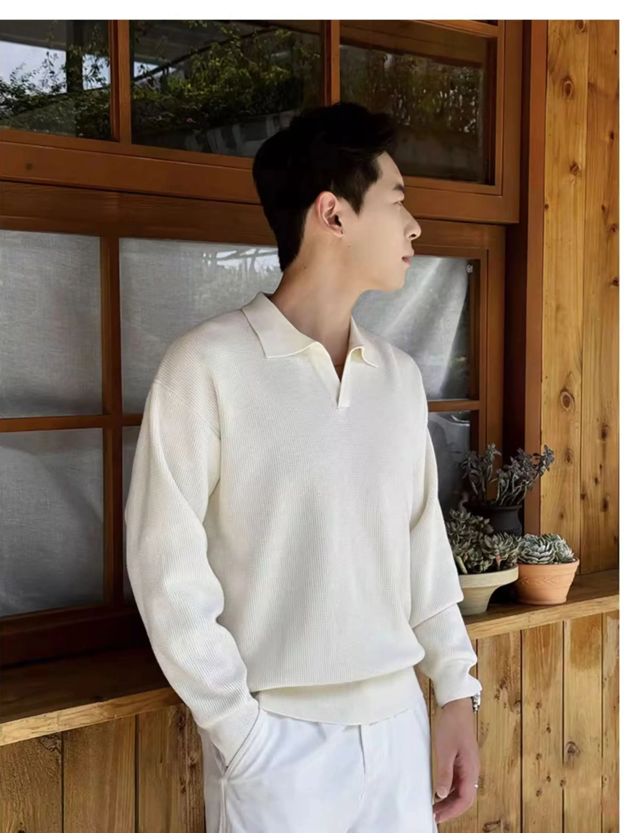 Old money wind brown coffee color V-neck Polo shirt sweater men wear loose lazy long-sleeved knitted bottoming shirt in autumn