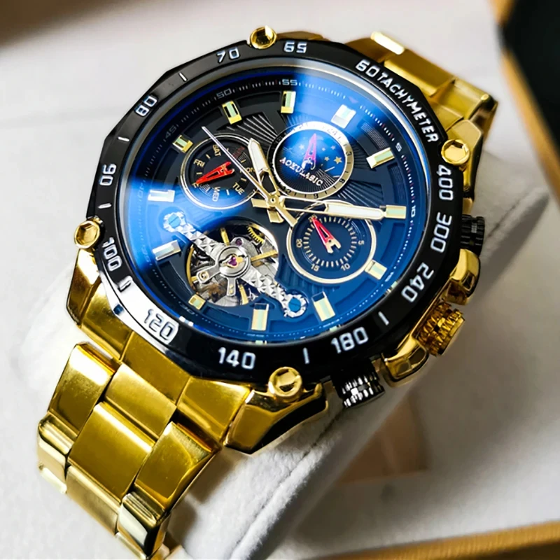 AOKULASIC Military Multifunction Watch for Men Tourbillon Gold Moon Phase Skeleton Automatic Mechanical Watches Stainless Steel