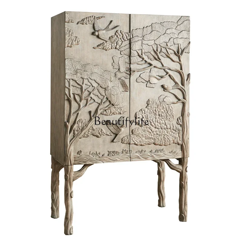 

05-American rural creative solid wood relief leaves antique wine cabinet side cabinet