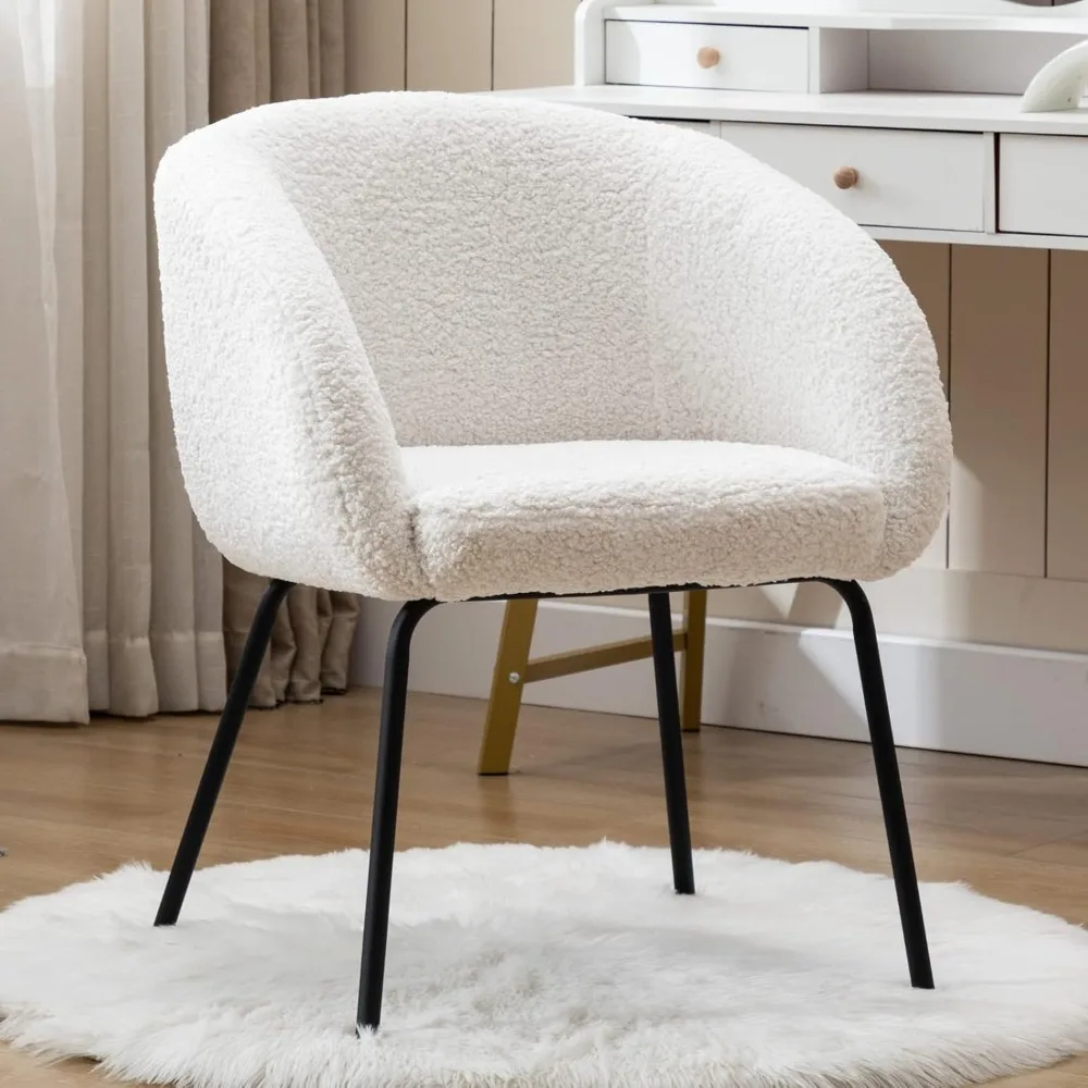 

Modern Sherpa Accent Chair, Upholstered Barrel Back Vanity Chair with Black Metal Legs Comfy Boucle Side Chair Simple