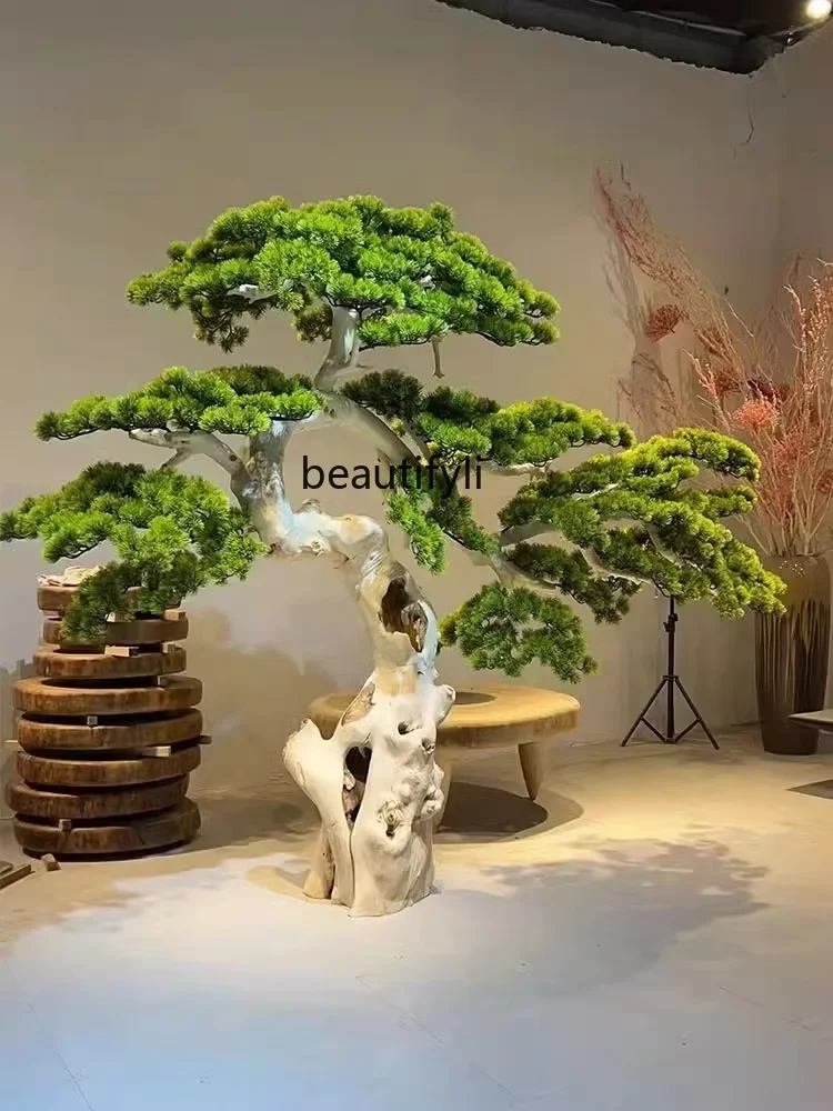 New Chinese Style Artificial Greeting Pine Solid Wood Root Carving Fake Trees Hotel Lobby Decoration