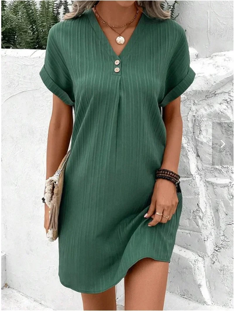 Elegant Two Buttons Decoration V Neck Pullover Dresses Women Solid Color Short Sleeve Dress Summer Female Daily Casual Mini Gown